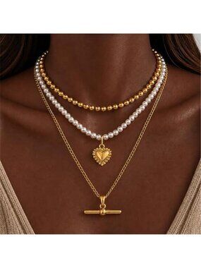 Layered Heart Pearl T Bar Necklace